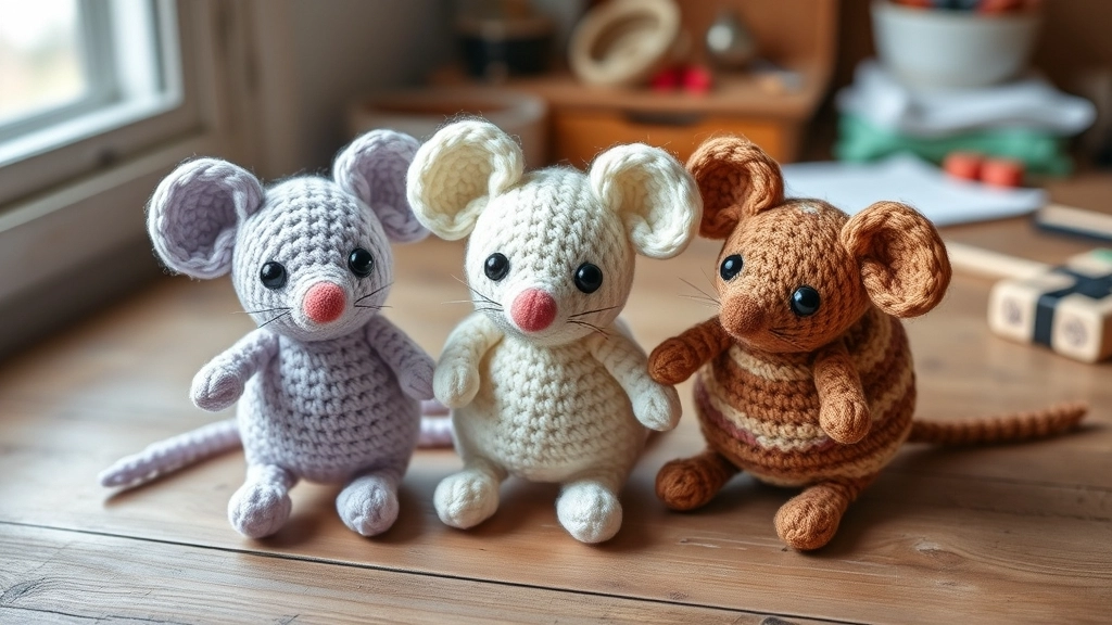 Three crochet mice in different colors—lavender, cream, and variegated—arranged together.