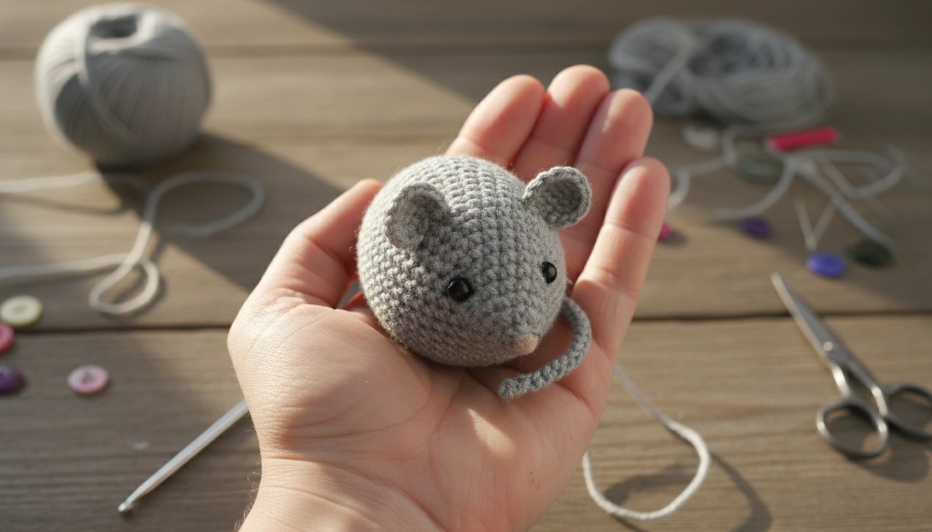 A perfectly finished crochet mouse sitting in the palm of a hand to show scale.