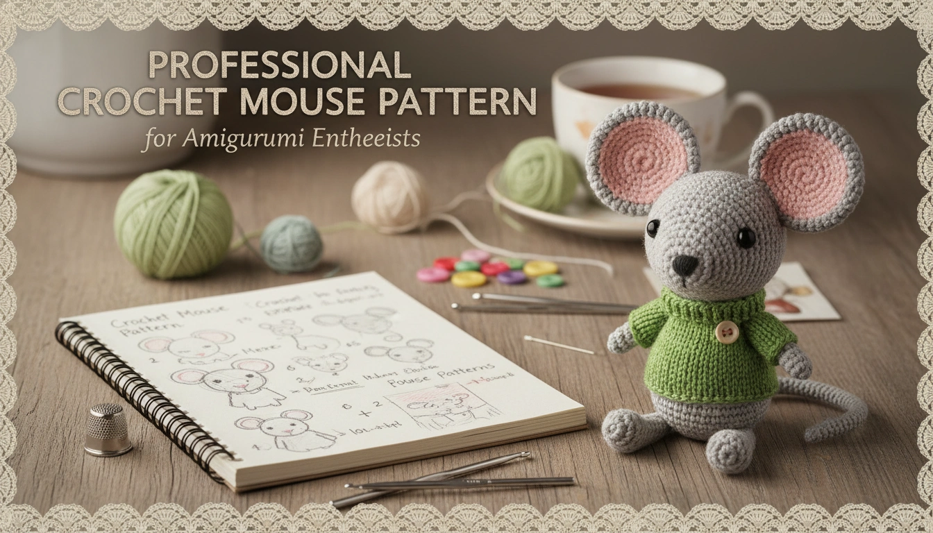 A small, handmade grey mouse created using a Crochet Mouse Pattern, sitting on a rustic wooden table.