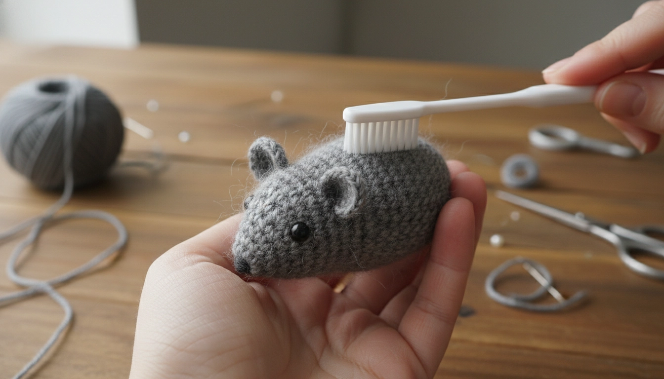 A hand using a clean toothbrush to lightly fluff the surface of a finished crochet mouse.