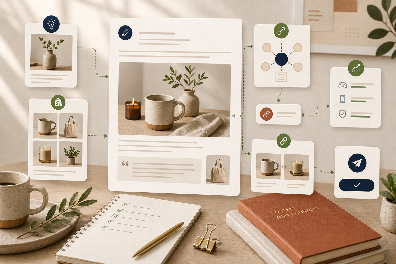 Product-aware blog post composition with links, visuals, and SEO checklist