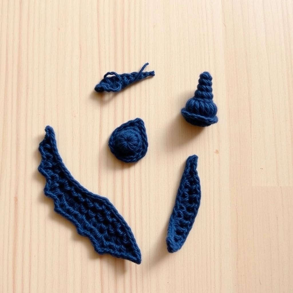 Two small teardrop-shaped crochet wings and one small conical tail piece ready for assembly.