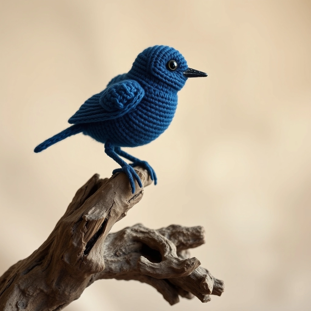 A completed, professional-looking crochet bird standing on its own on a decorative branch.