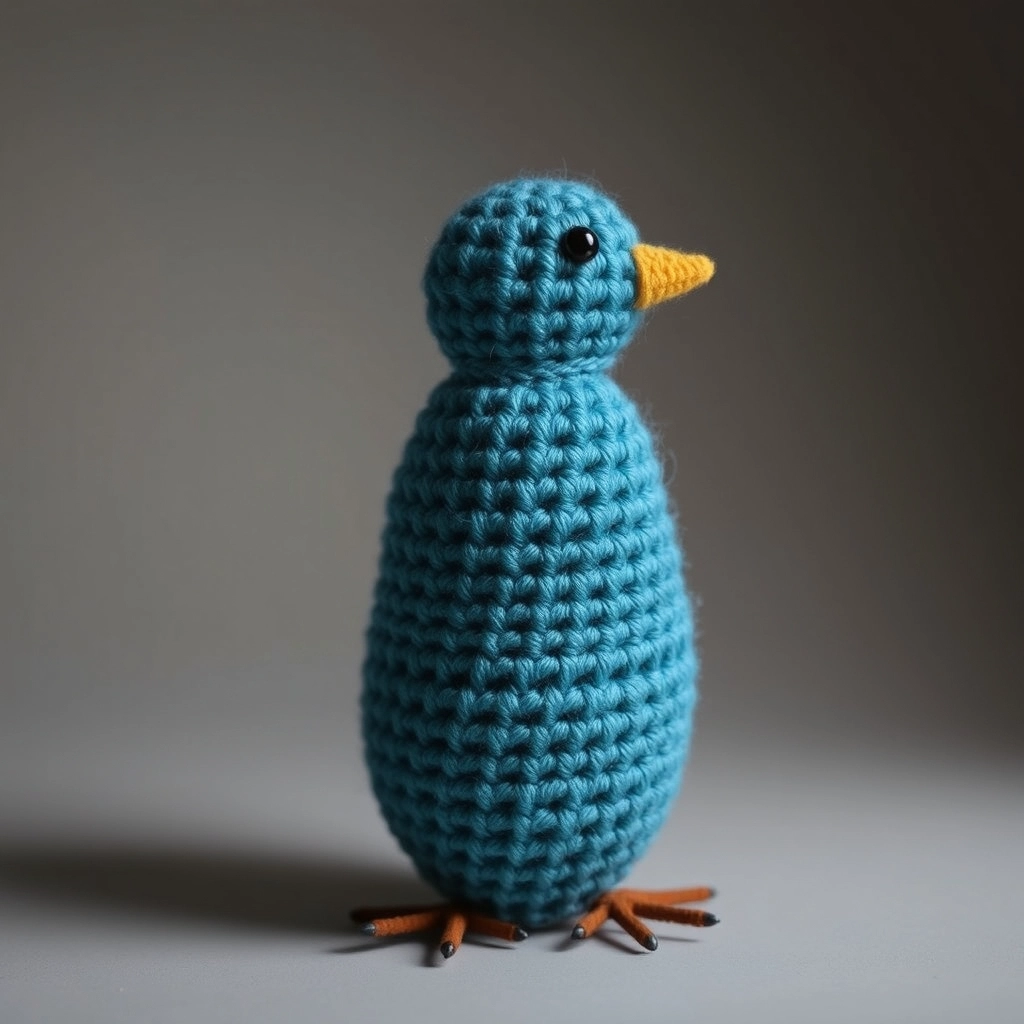 A finished, stuffed egg-shaped crochet bird body standing upright on a table.