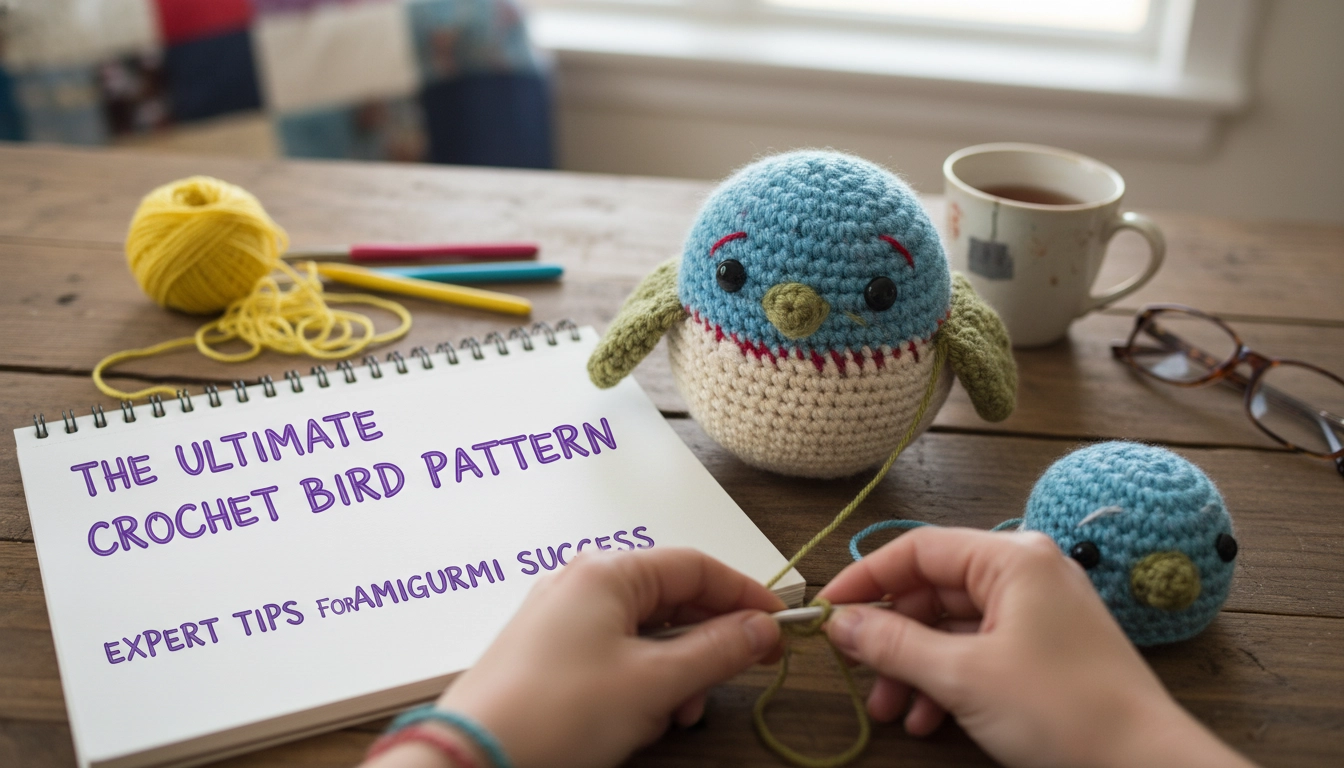 A homemade, amateur-style photo of a half-finished Crochet Bird Pattern on a cluttered wooden table with yarn and hooks.