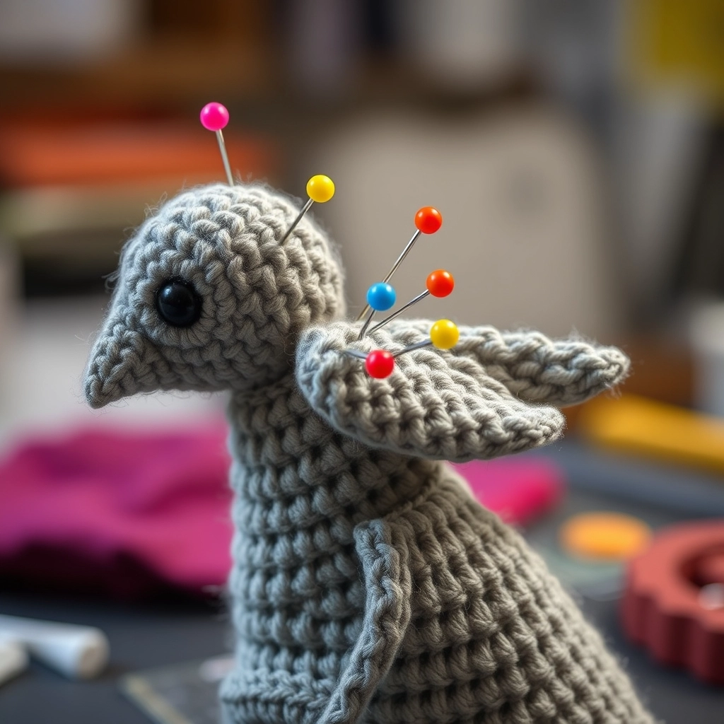 A crochet bird with its wings held in place by sewing pins to ensure symmetry before stitching.
