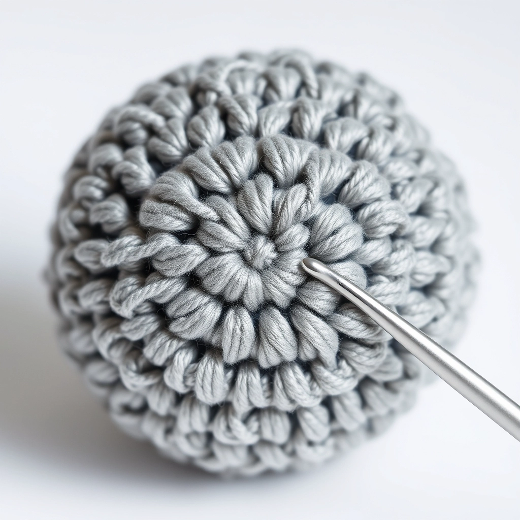 A close-up of a tightly stitched crochet sphere showing the mathematical precision of the increases.