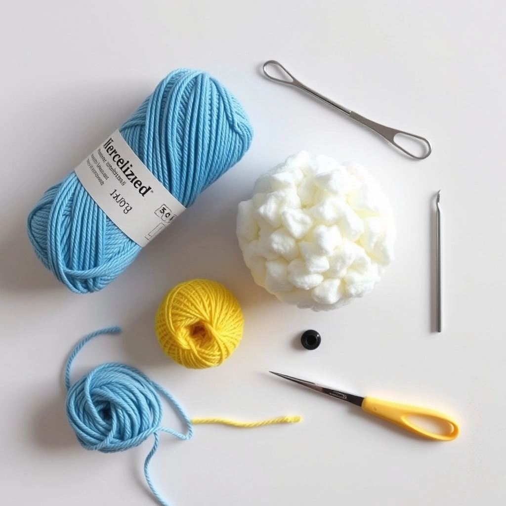 A flat-lay of mercerized cotton yarn, a 2.25mm steel hook, safety eyes, and stuffing for the bird pattern.