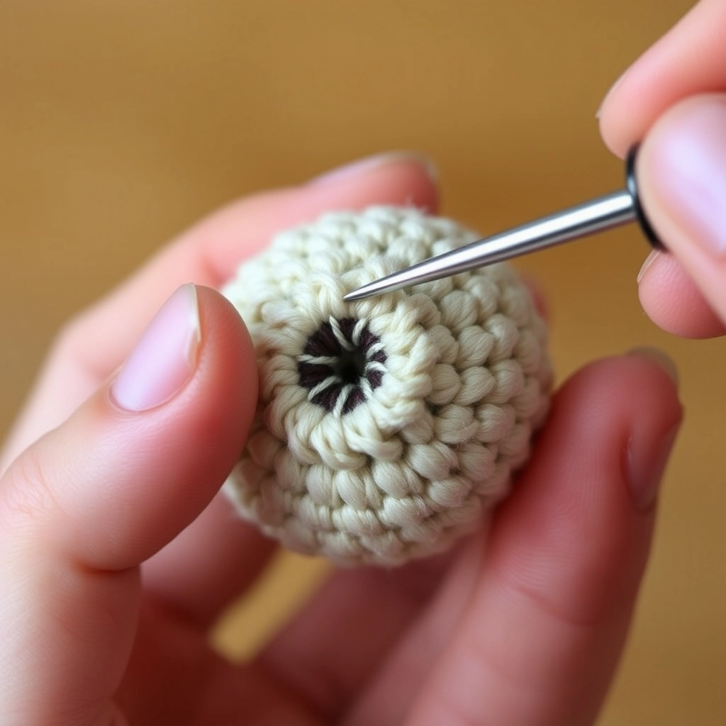 A long needle being used to pull yarn through a crochet bird's head to create realistic eye sockets.