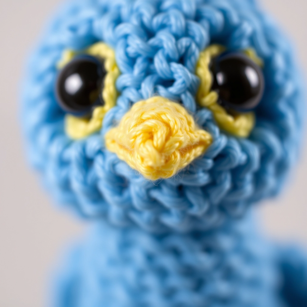 A close-up of a crochet bird's face showing the yellow beak and black safety eyes between the rounds.