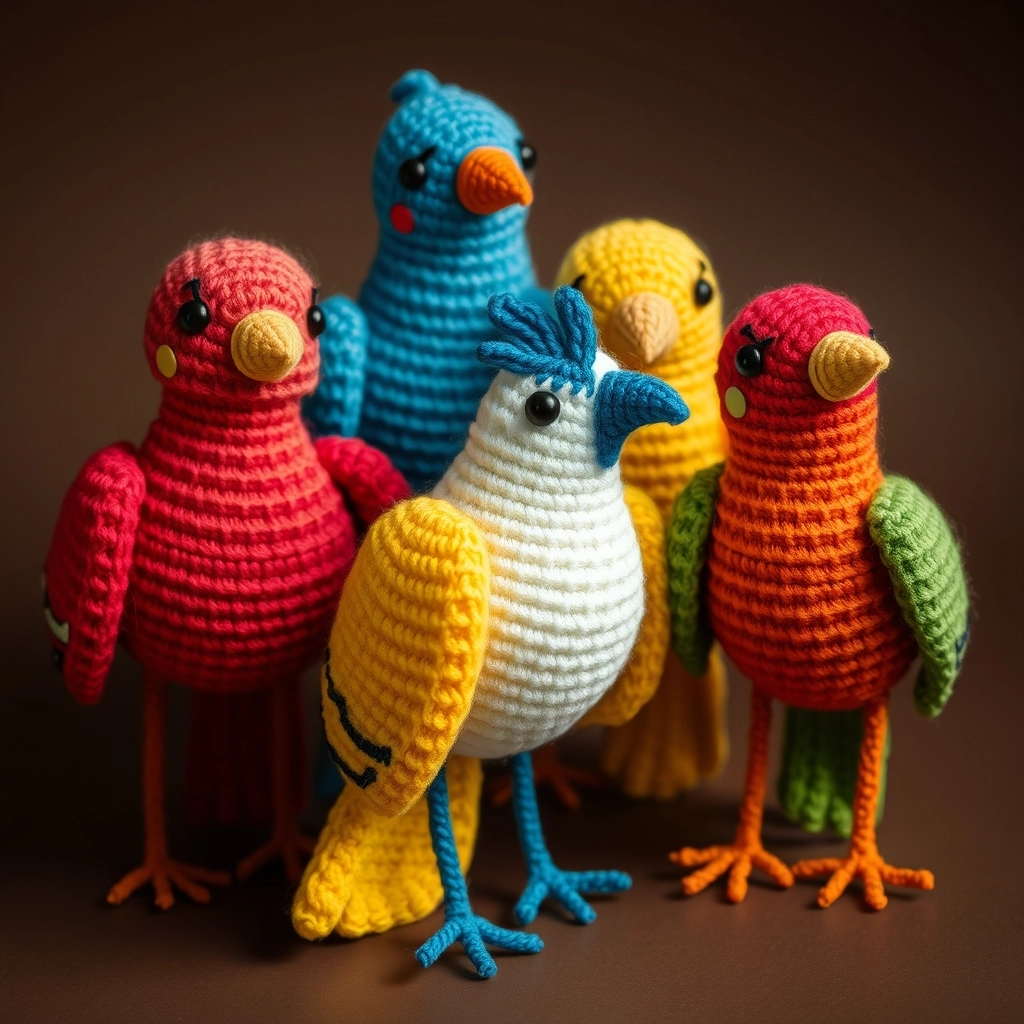 A collection of crochet birds in different colors like a red robin and a blue jay.