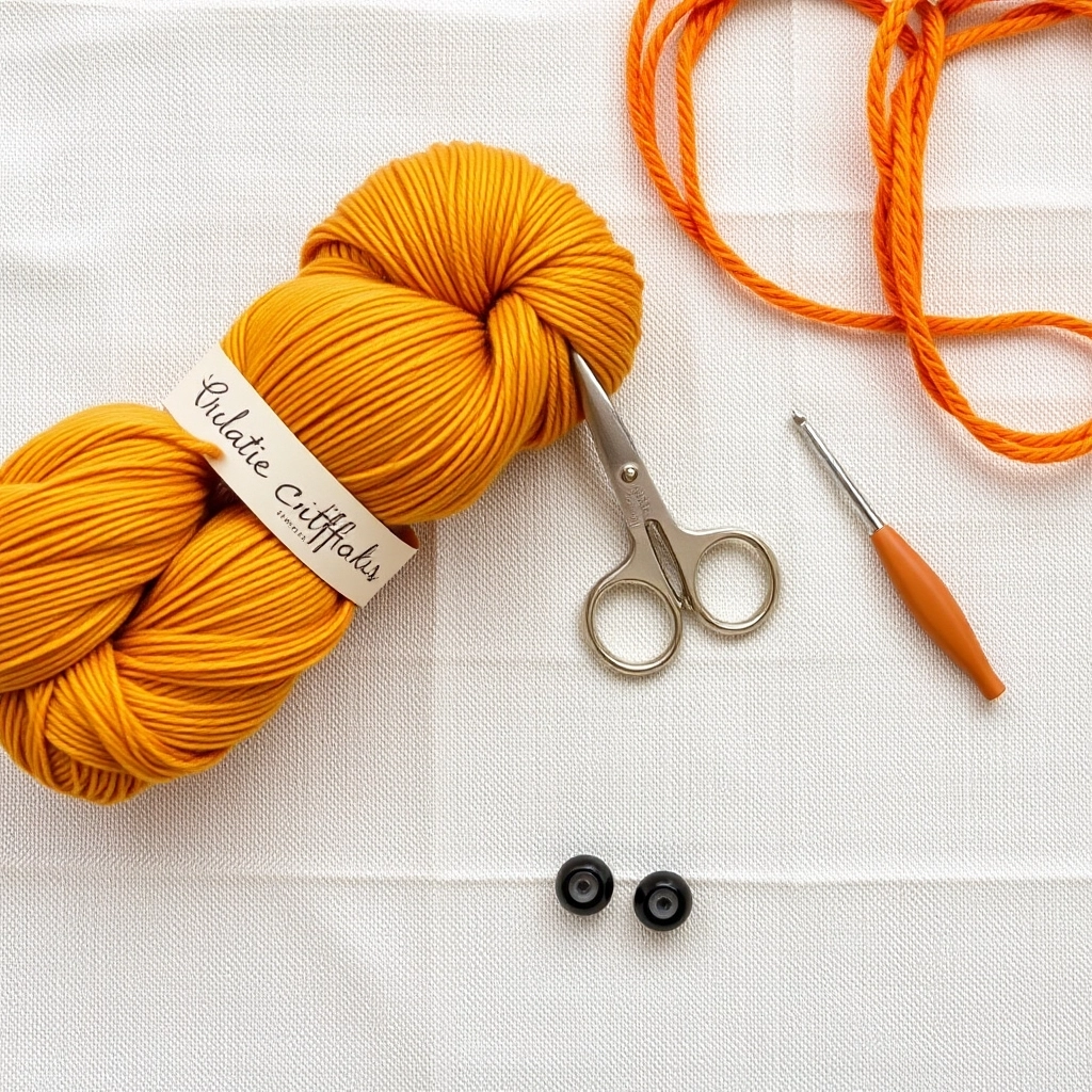 A flat lay of golden and burnt orange organic cotton yarn for a Crochet Lion Pattern alongside a 3.5mm hook.