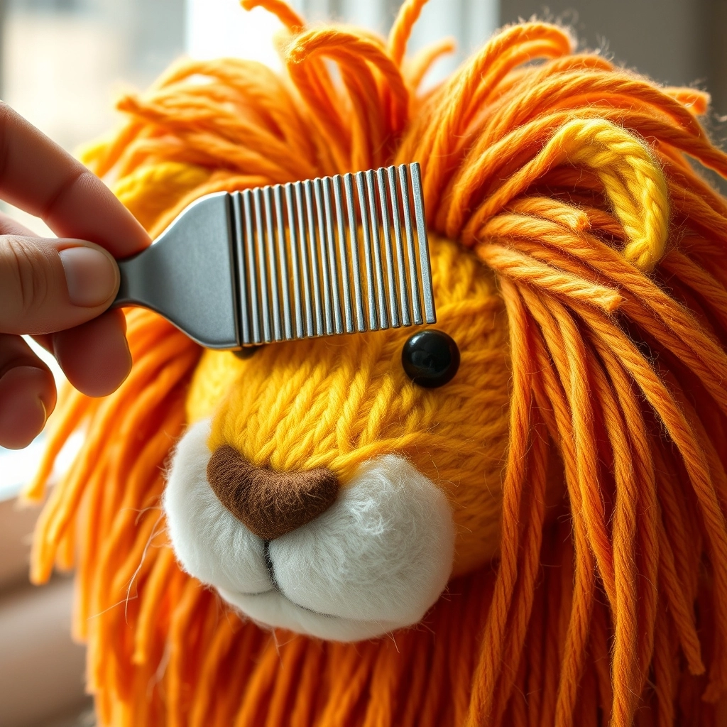A hand using a metal comb to brush out burnt orange yarn fringe on a Crochet Lion Pattern.