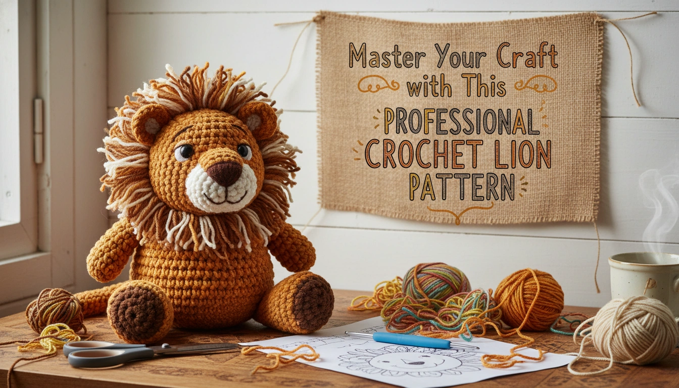 A high-quality yet amateur-looking Crochet Lion Pattern project sitting on a wooden table next to a ball of golden yarn.