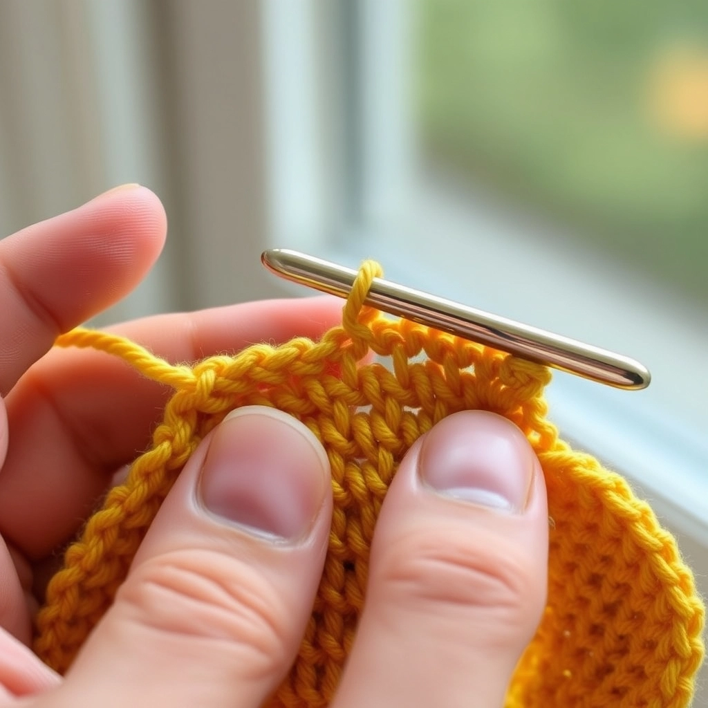 A close-up of hands performing an invisible decrease for a Crochet Lion Pattern to ensure a smooth fabric surface.