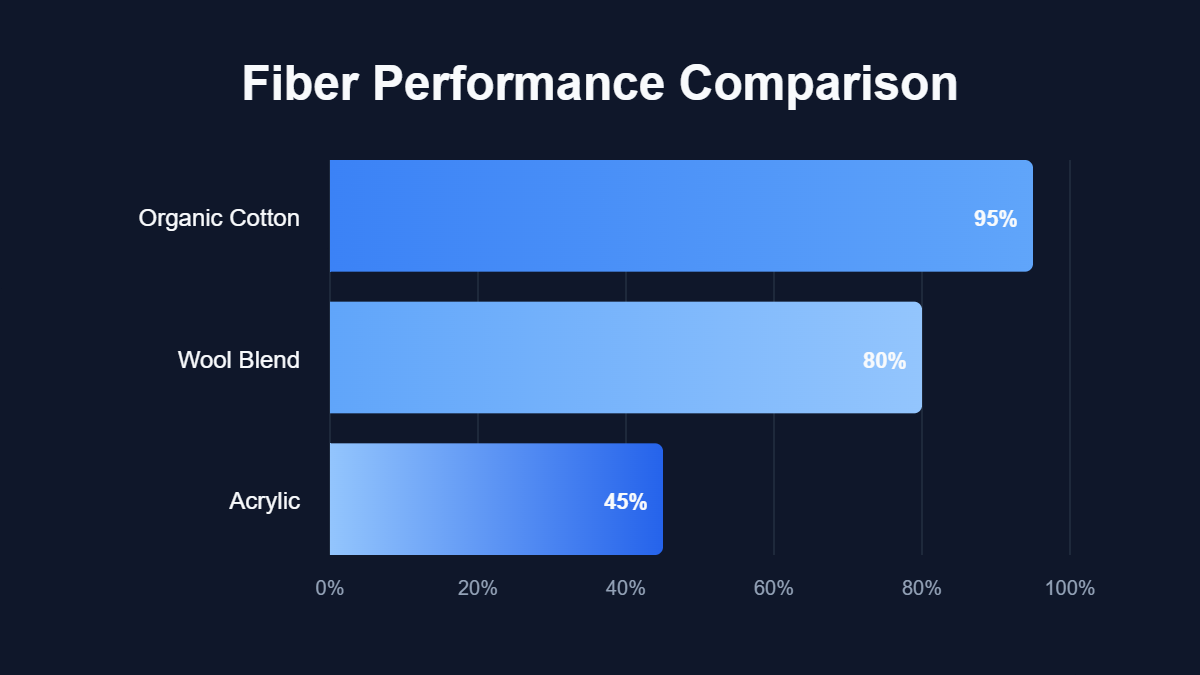 A bar chart titled "Fiber Performance Comparison" showing data for Organic Cotton, Wool Blend, Acrylic.