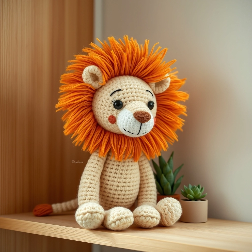 A finished, high-end amigurumi lion made from a Crochet Lion Pattern sitting on a modern nursery shelf.