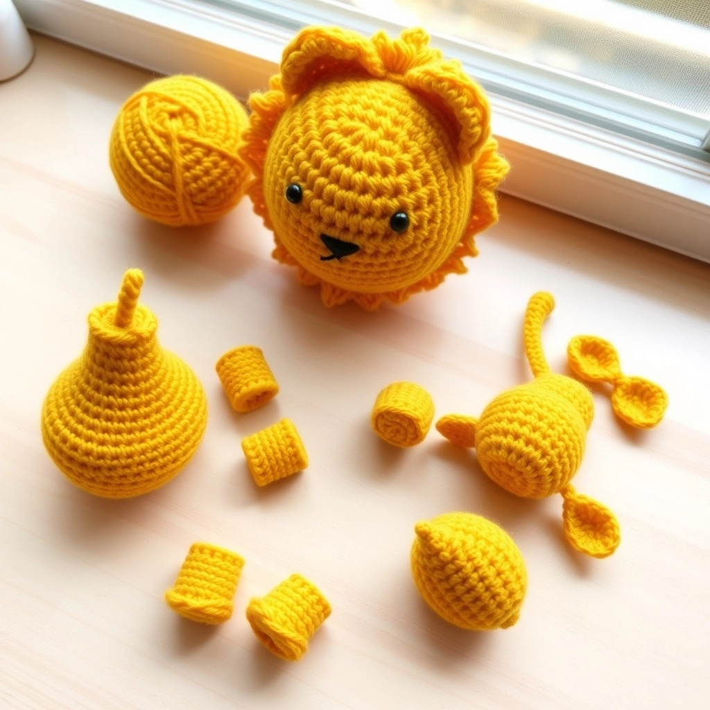 Various yellow crocheted pieces including a head, body, and limbs for a Crochet Lion Pattern laid out on a white surface.