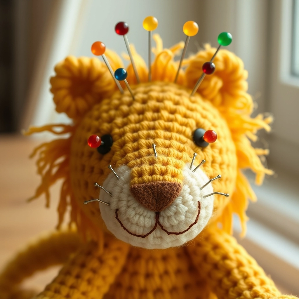 A crochet lion head with glass-head pins used to mark the placement of eyes and muzzle for a Crochet Lion Pattern.