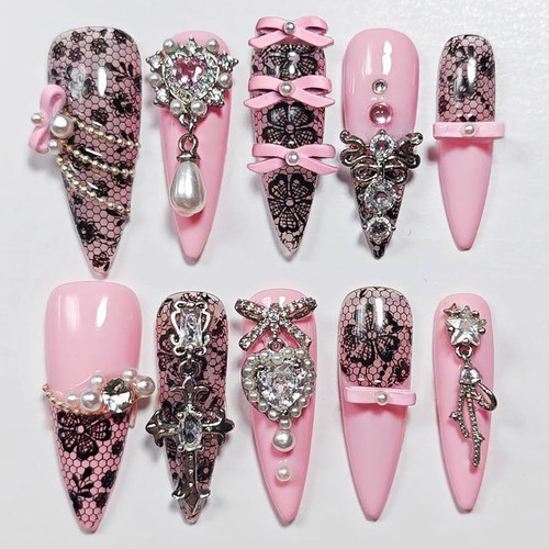Handmade Press On Nails Stiletto, Pink Press On Nails Long, Rhinestone Lace 3D Nails With Bow For Wo.jpg