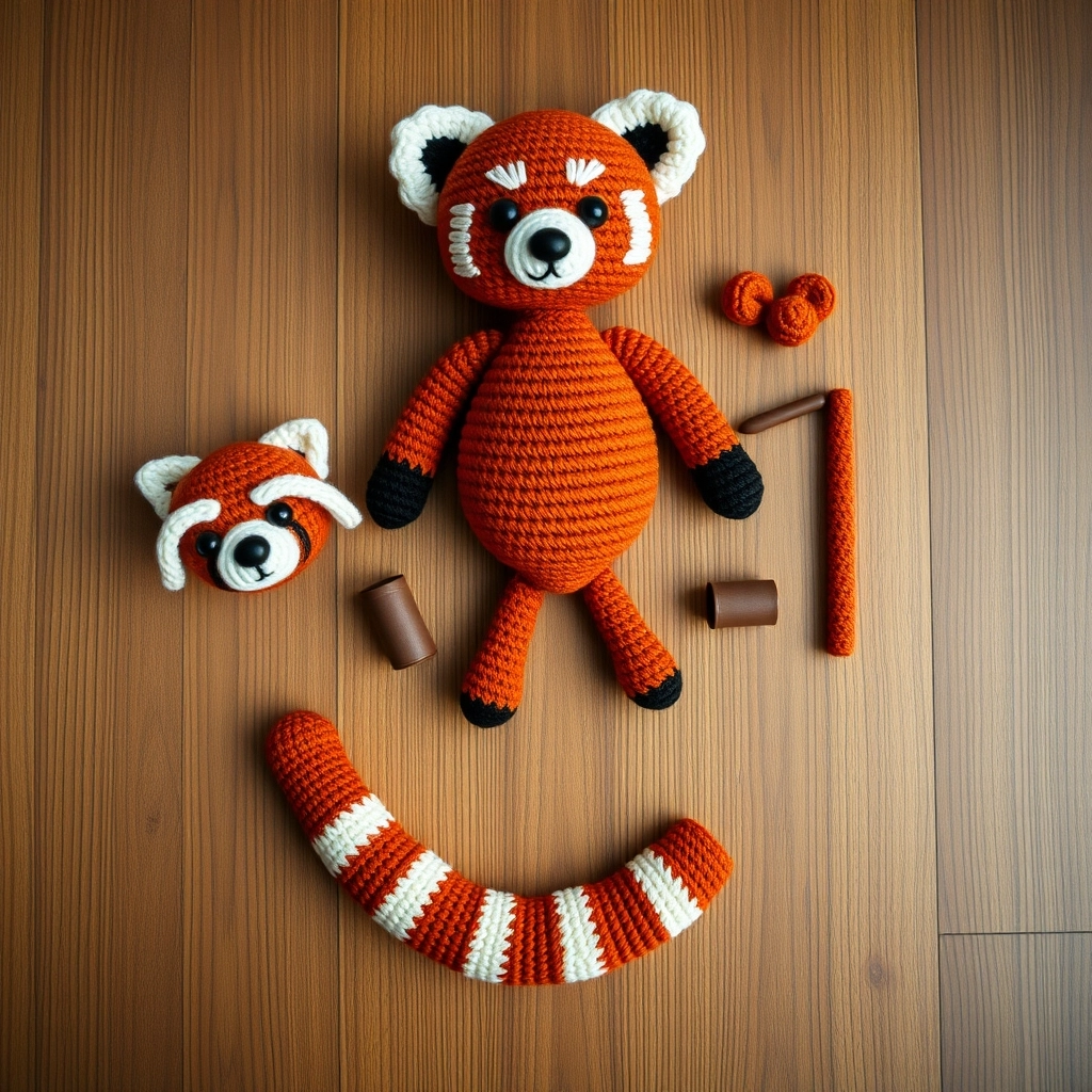 Various crochet parts including a head, body, and striped tail for the Crochet Red Panda Pattern.