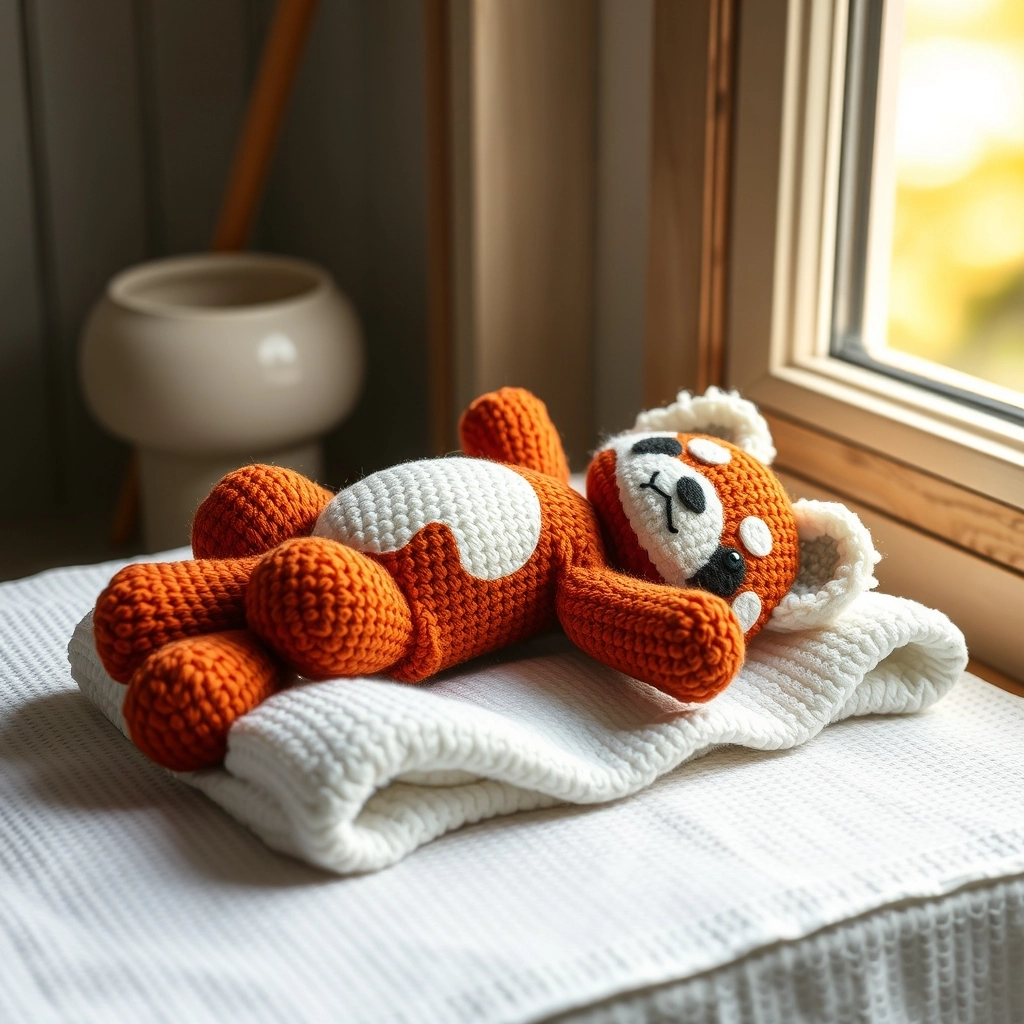 A crochet red panda resting on a white towel to air dry, following the Crochet Red Panda Pattern care instructions.
