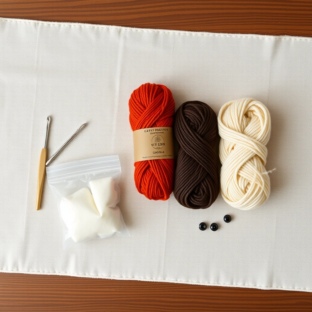 A flat lay of rust, brown, and white yarn with a 2.75mm hook for a Crochet Red Panda Pattern.