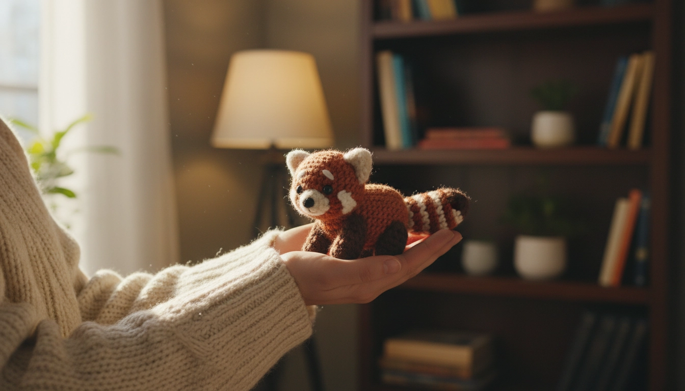 A person holding a completed project from the Crochet Red Panda Pattern in their hands.