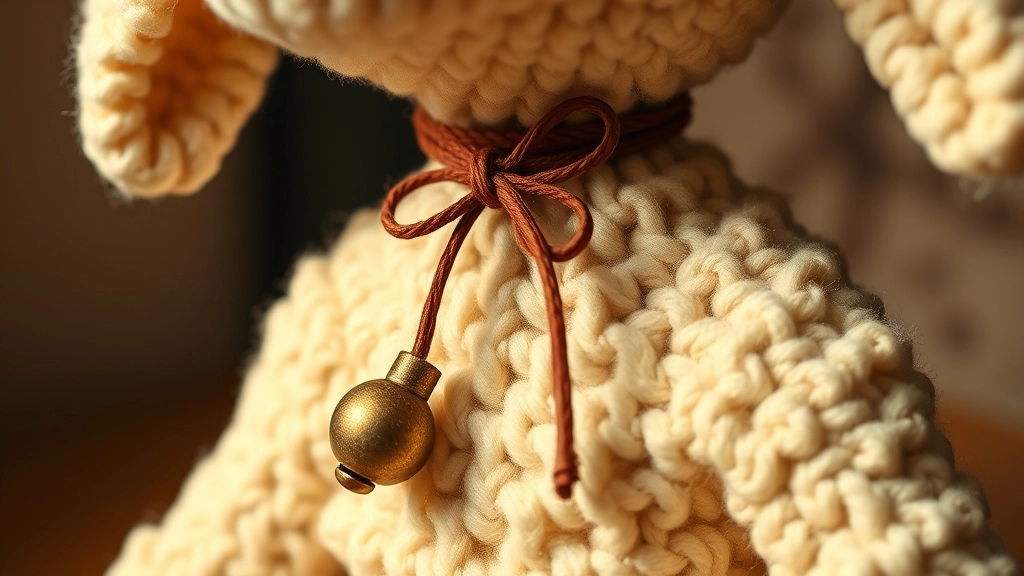 A finished plush toy from Crochet Lamb Patterns adorned with a tiny brass bell on a leather collar.
