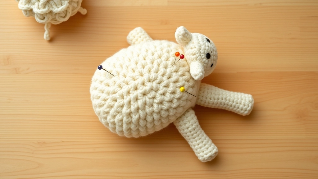 A crochet lamb body with head and limbs pinned in place, ready for sewing.