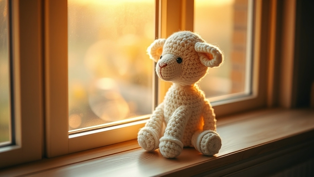 A beautiful finished plush lamb sitting on a sunlit windowsill.