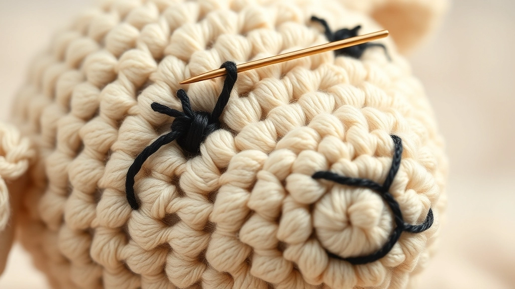 A close-up of a needle embroidering a simple Y-shaped nose on a crochet lamb's cotton face.