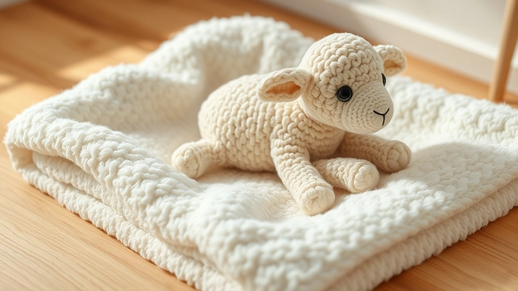 A clean, damp crochet lamb plushie resting on a fluffy white towel to dry.