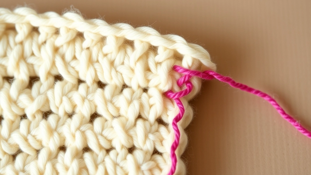 A contrasting pink scrap yarn used as a running stitch marker in fluffy cream crochet fabric.