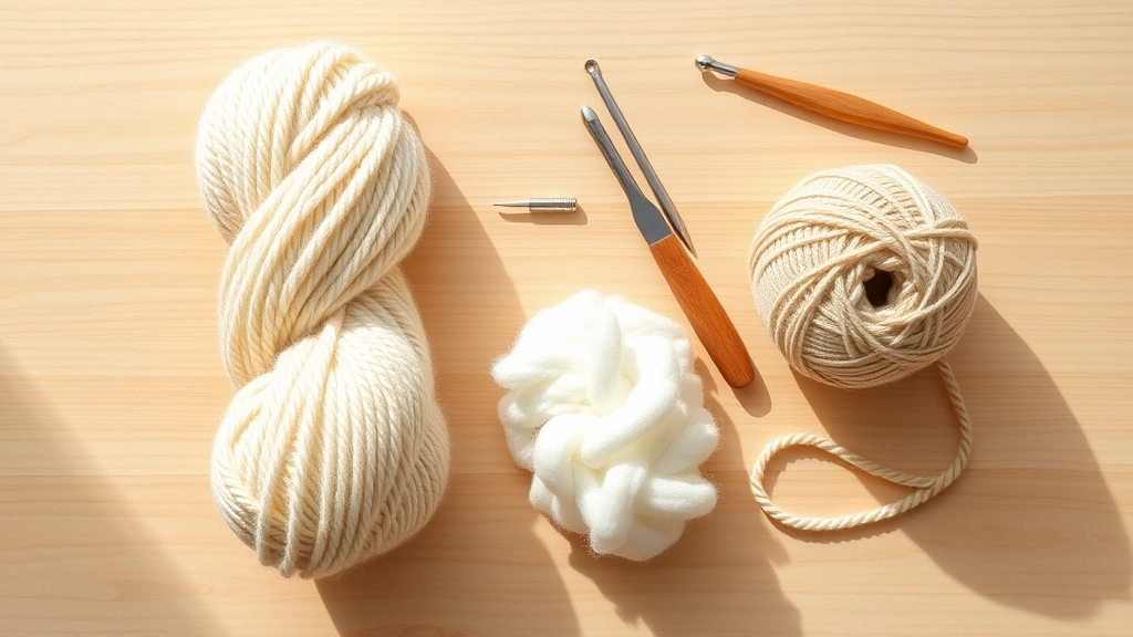 A flat lay of materials for Crochet Lamb Patterns, including cream boucle yarn, beige cotton yarn, and crochet hooks.
