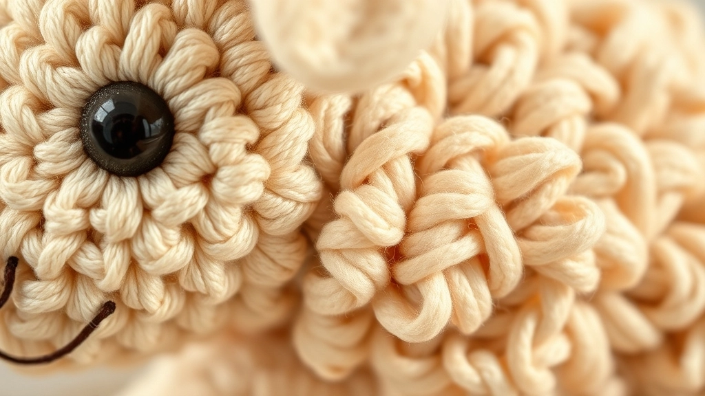 Close-up of a crochet lamb's face and body, showing the contrast of smooth cotton and fluffy boucle.