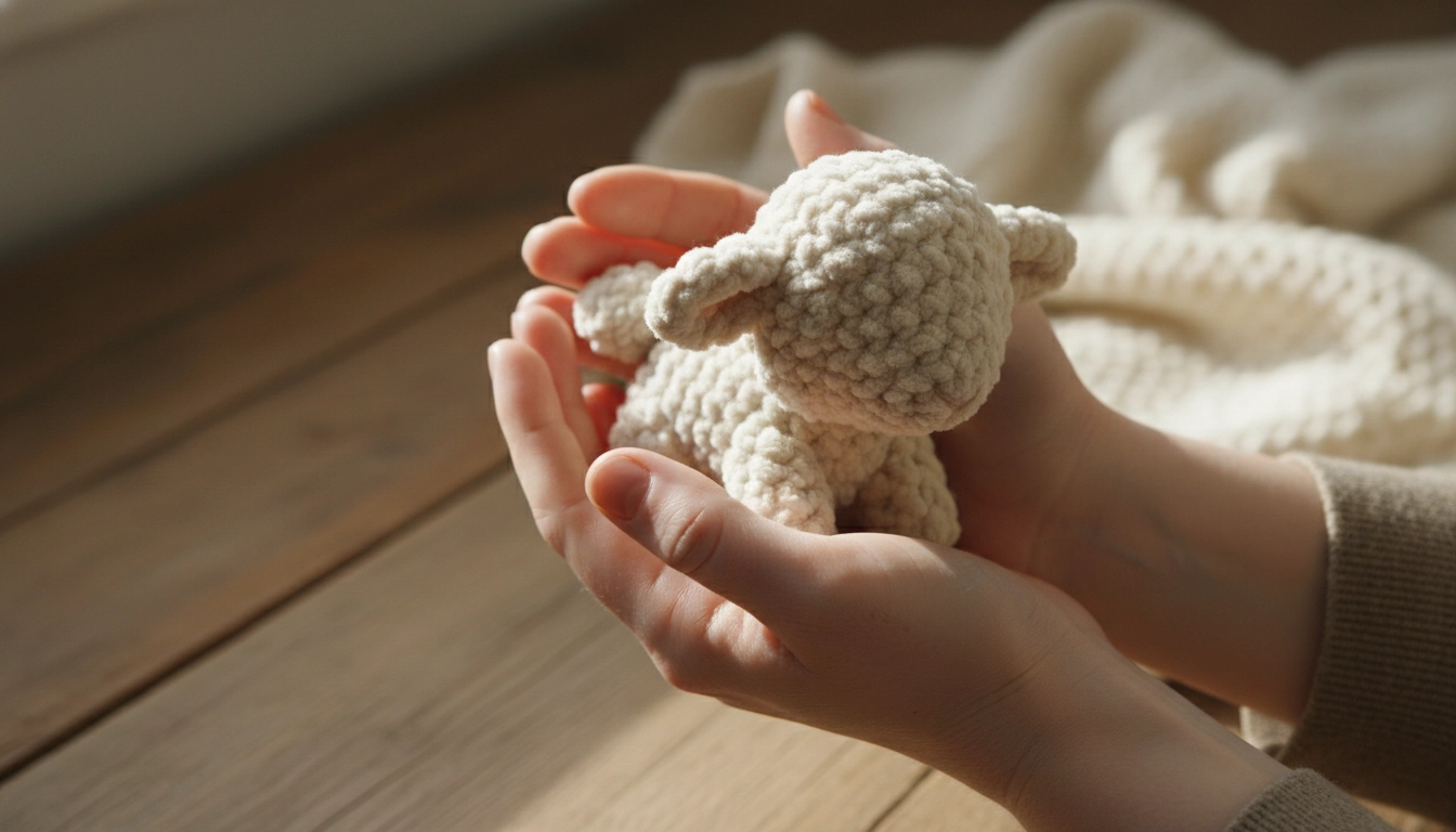 A person holding a freshly completed plush toy made from Crochet Lamb Patterns.