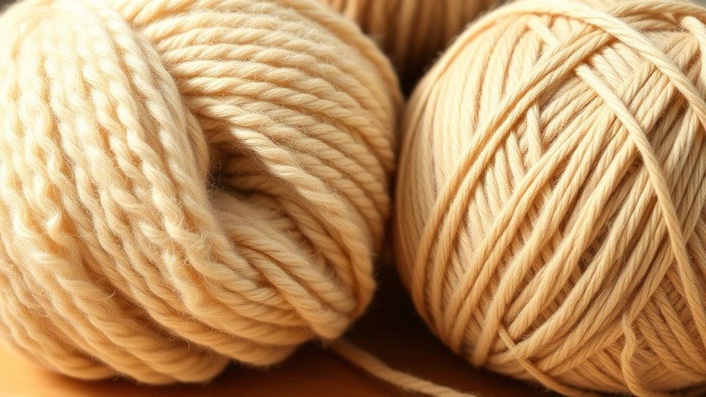 Soft skeins of cream alpaca boucle yarn and matte beige cotton yarn side by side.