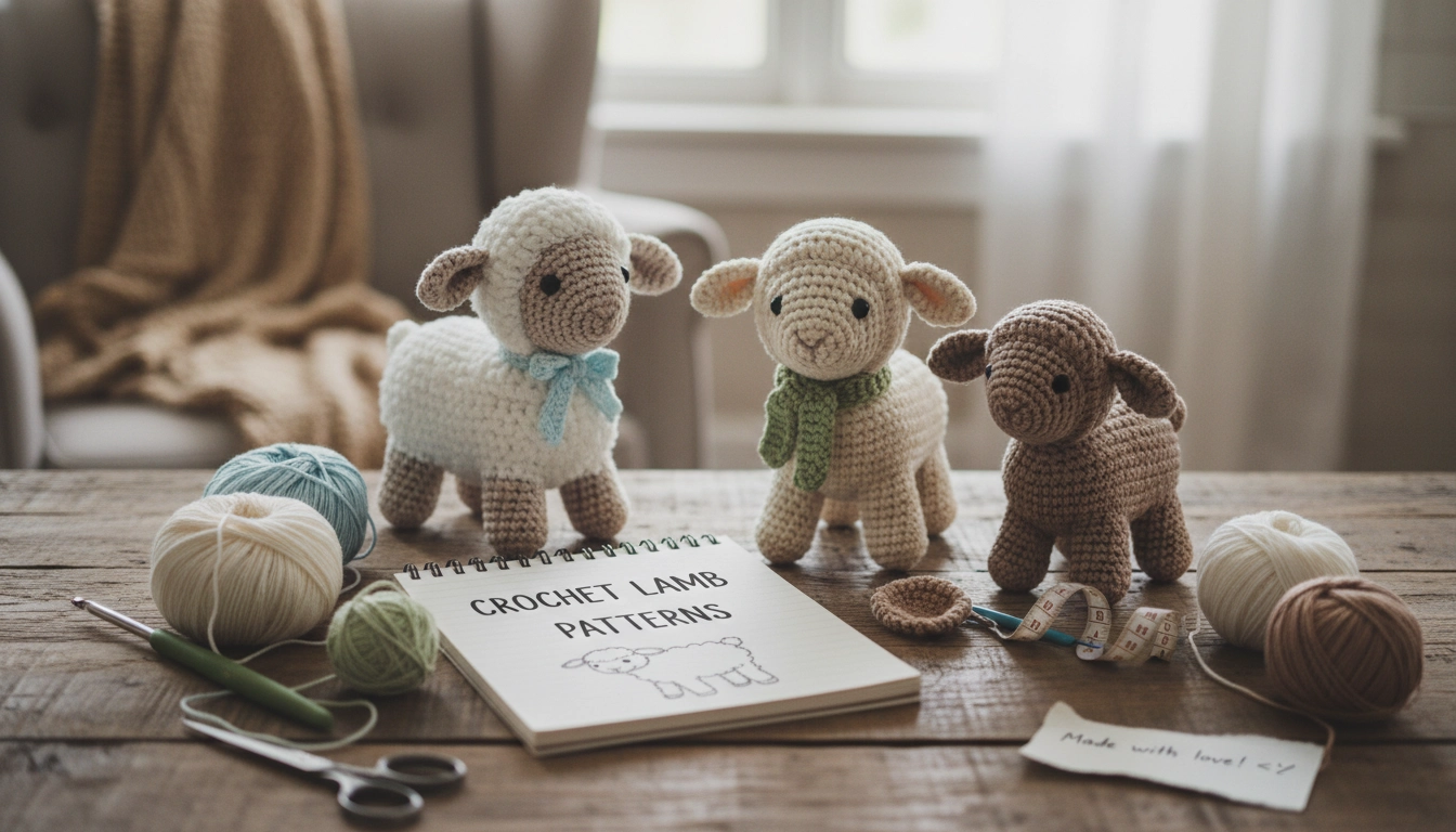 A charming homemade plush lamb created using various Crochet Lamb Patterns, sitting on a wooden table.