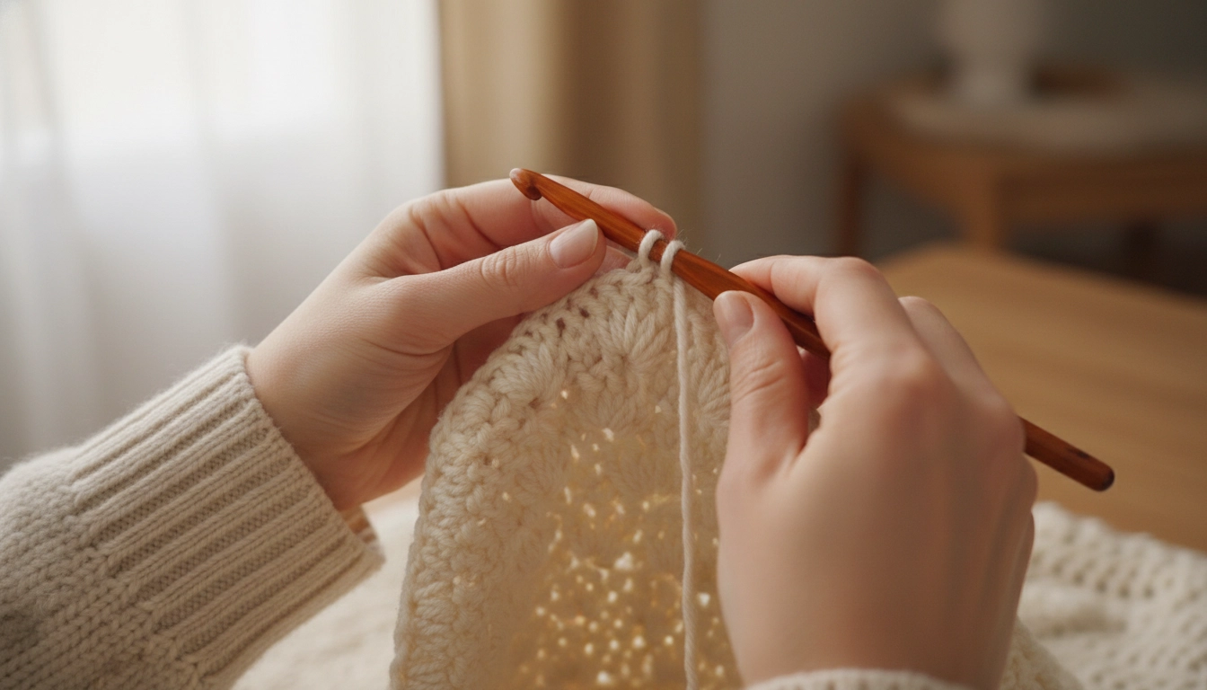 Hands using a crochet hook to work textured stitches for a crochet lamb body.