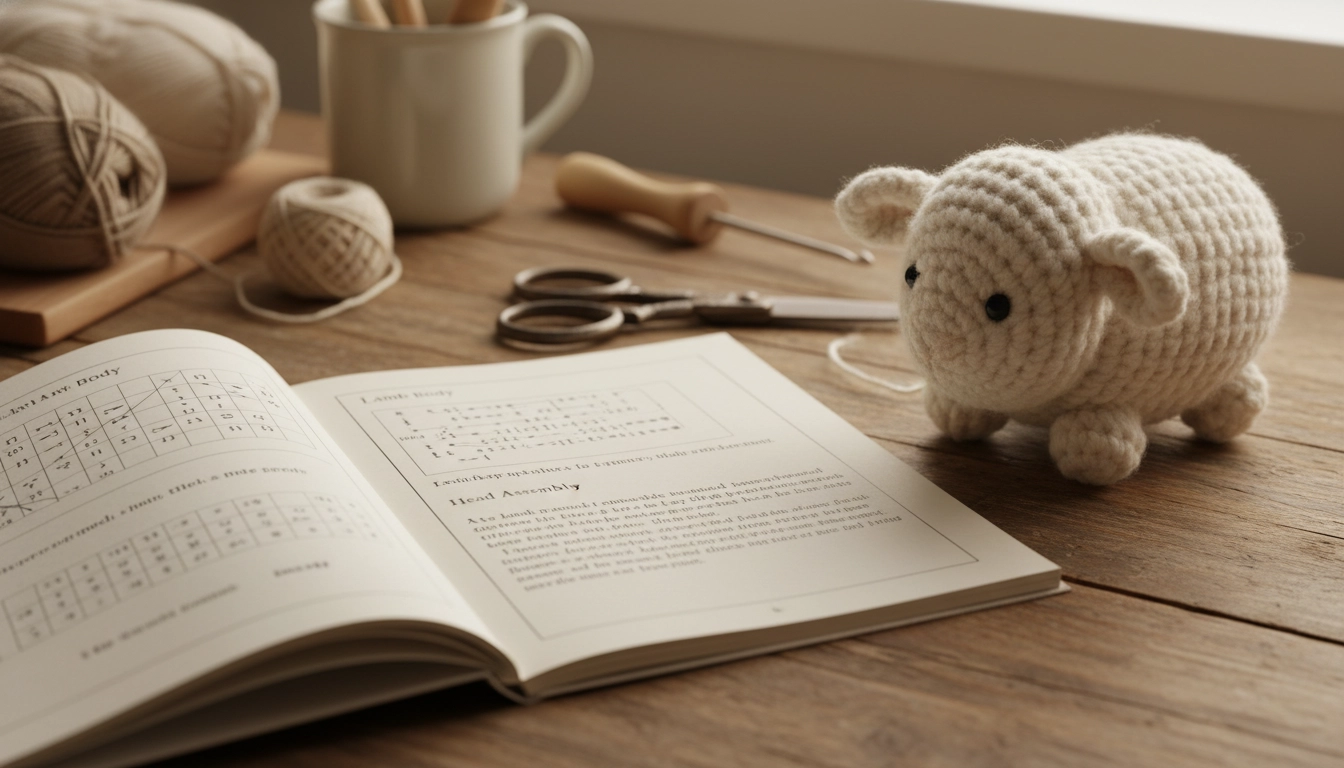 A printed amigurumi pattern guide lying open next to a handmade crochet lamb.