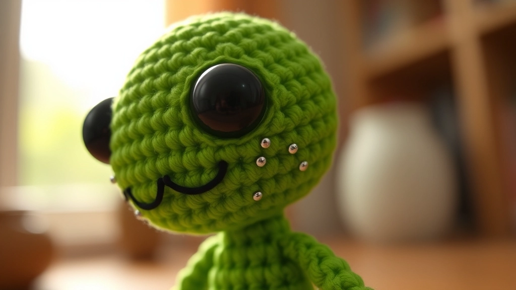 A customized green crochet alien with a third eye and small colorful bead details along its spine.