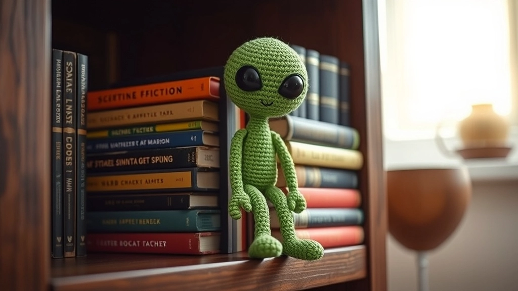 A completed green crochet alien toy sitting proudly on a wooden shelf next to classic science fiction books.