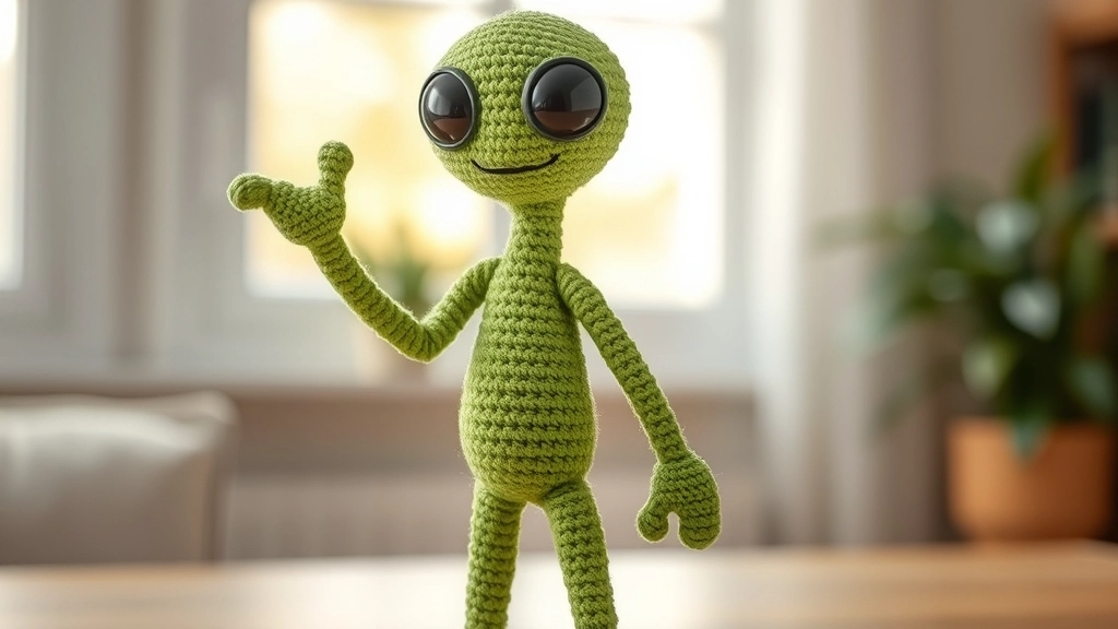 A finished poseable green crochet alien standing on its slender legs against a neutral background.