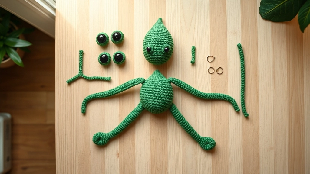 Unassembled crocheted pieces of a green alien, including the head, body, limbs, and antennae, arranged on a surface.