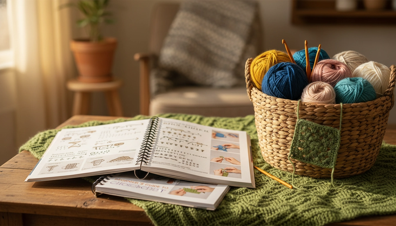 A stack of colorful crochet pattern books next to a basket of yarn balls and crochet hooks.