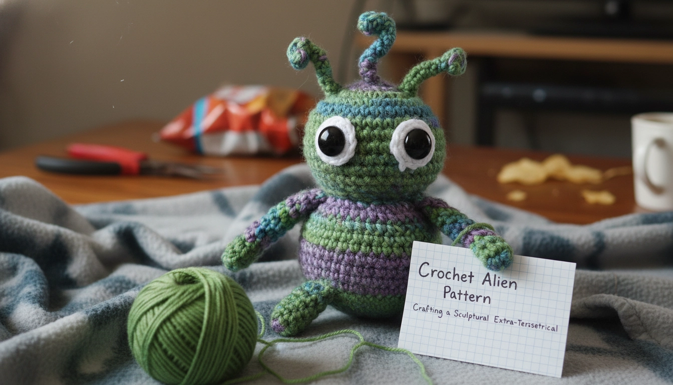 A charmingly imperfect green extra-terrestrial toy handcrafted using a detailed Crochet Alien Pattern, sitting on a wooden kitchen table.