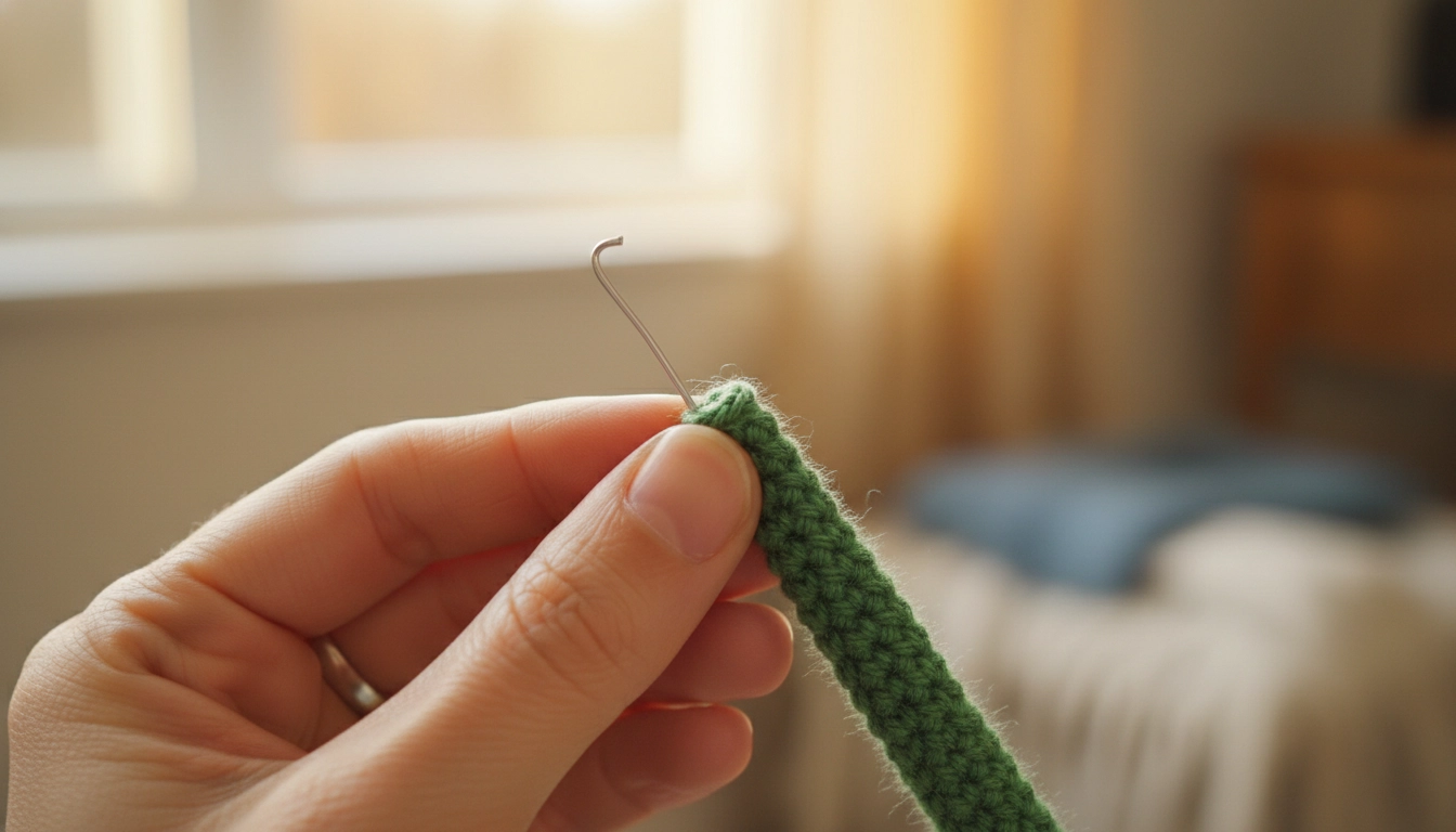 A hand sliding a bent aluminum wire skeleton into a long, thin green crocheted alien leg.