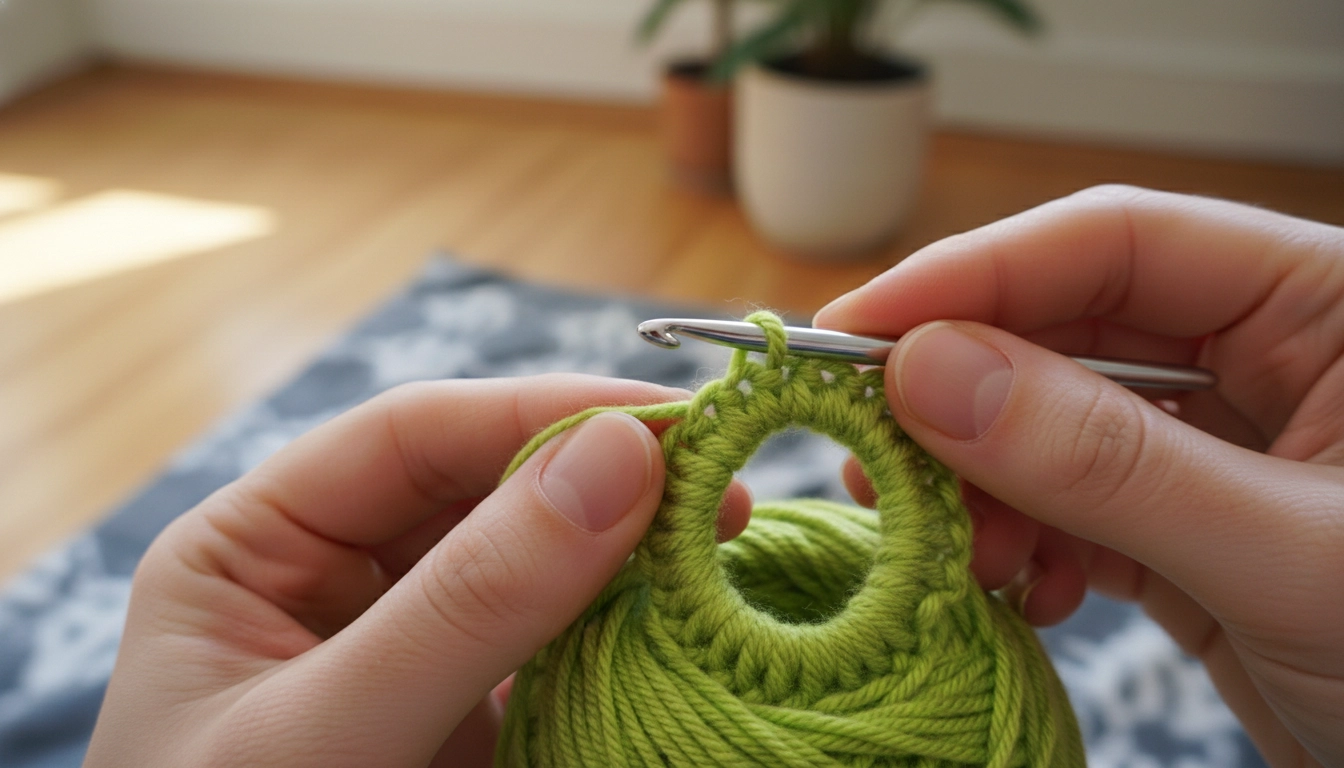 Hands demonstrating how to form a crochet magic ring with green yarn and a steel hook.