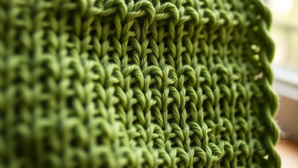 A macro view of tight, neat single crochet stitches in vibrant green mercerized cotton yarn.
